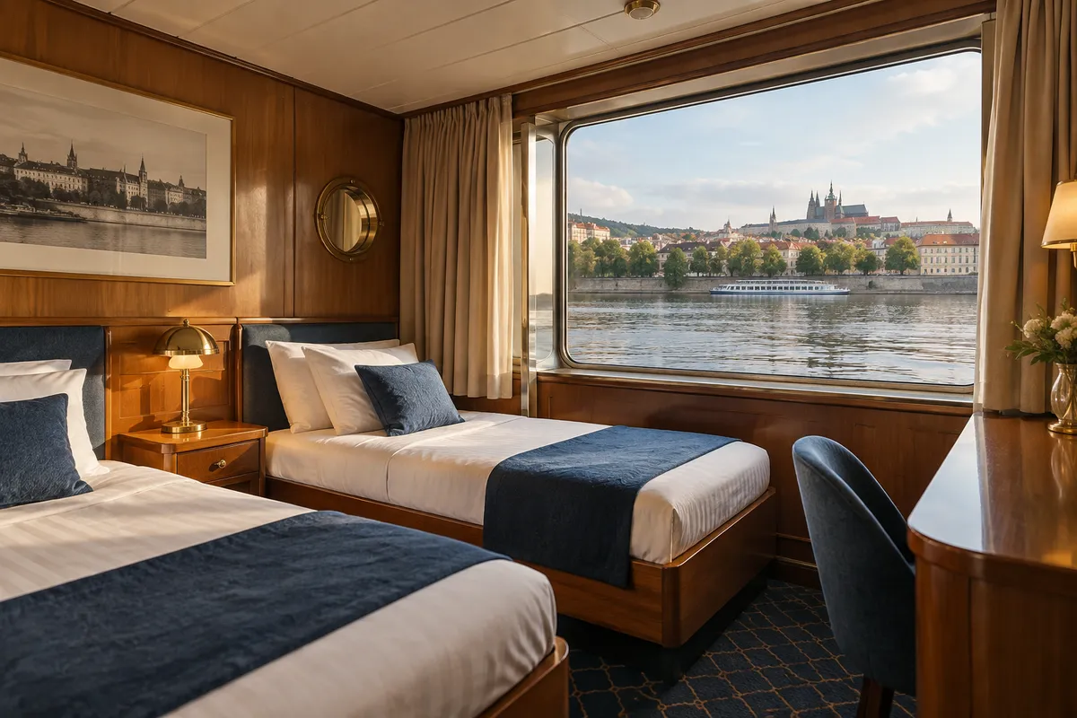 Cabin inside a floating hotel on Prague's Vltava River