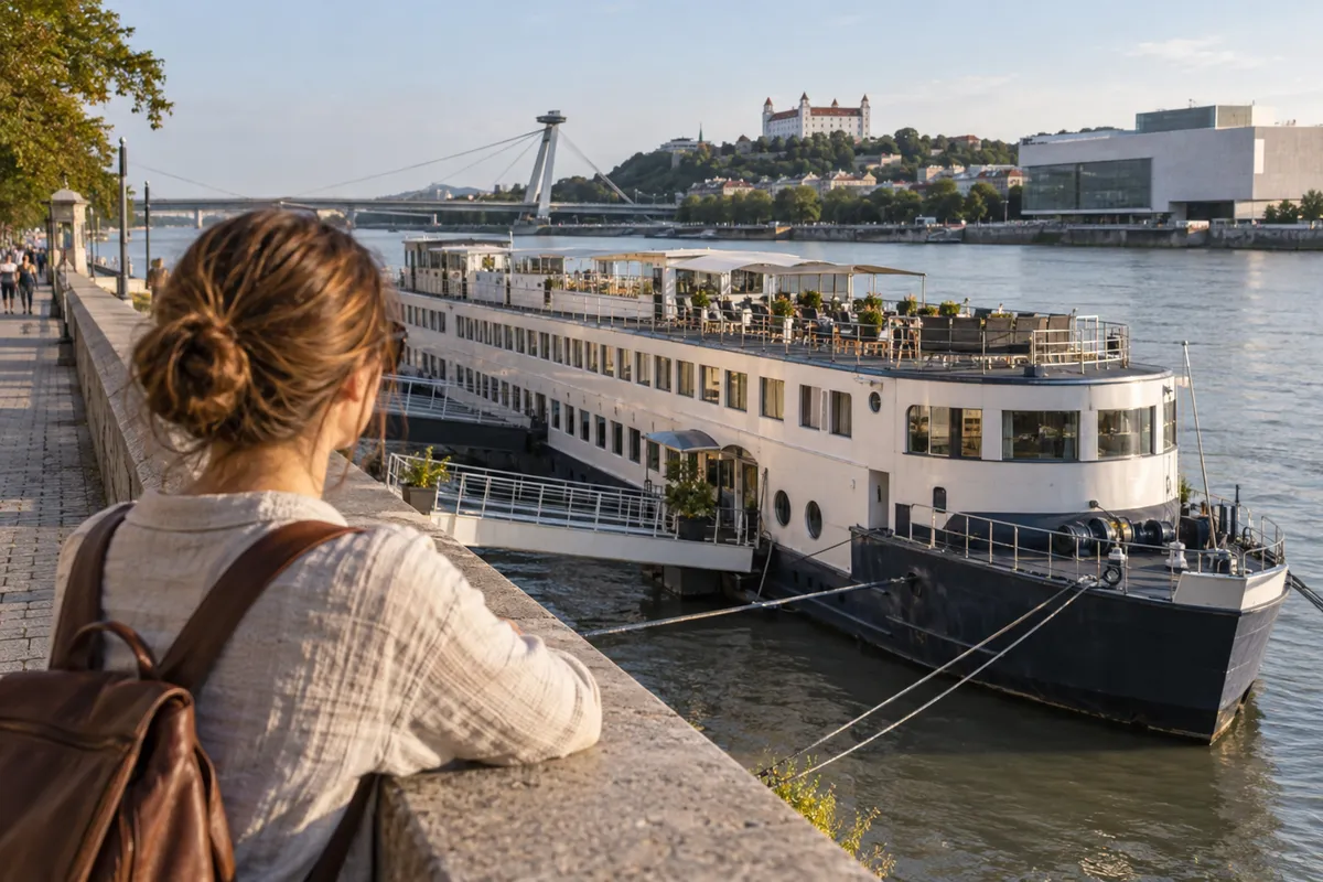 Botel Gracia moored on the Danube in Bratislava with castle view