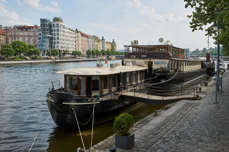 Botel Matylda moored on the Vltava River near Prague’s Dancing House