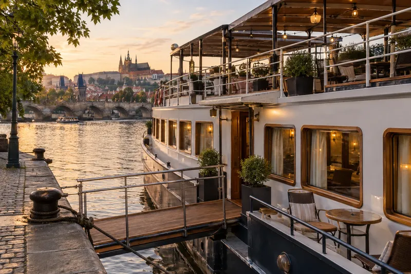 Floating hotel boat moored on Prague’s Vltava River