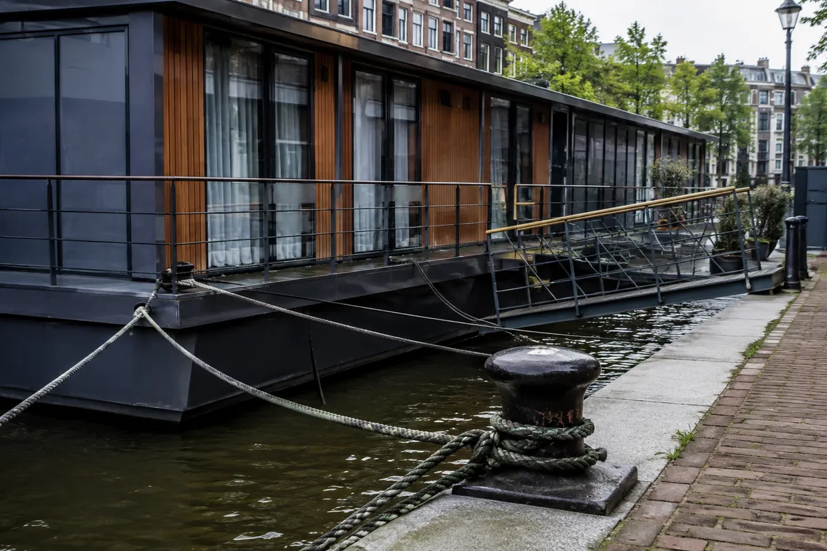 Floating hotel moored along a city canal dock