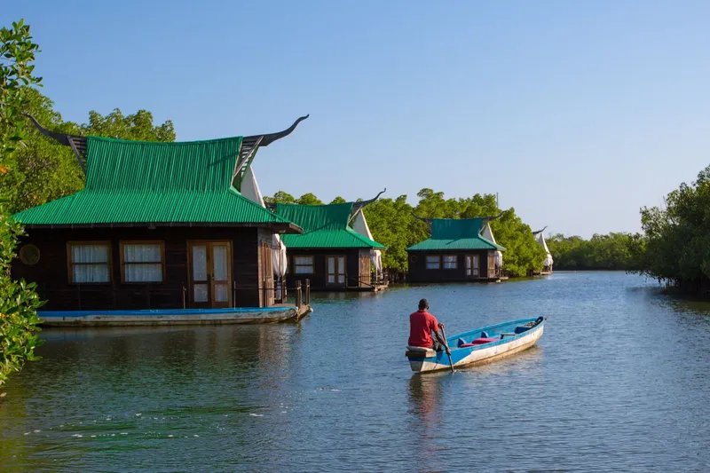 Floating wooden bungalows on a tropical river surrounded by jungle