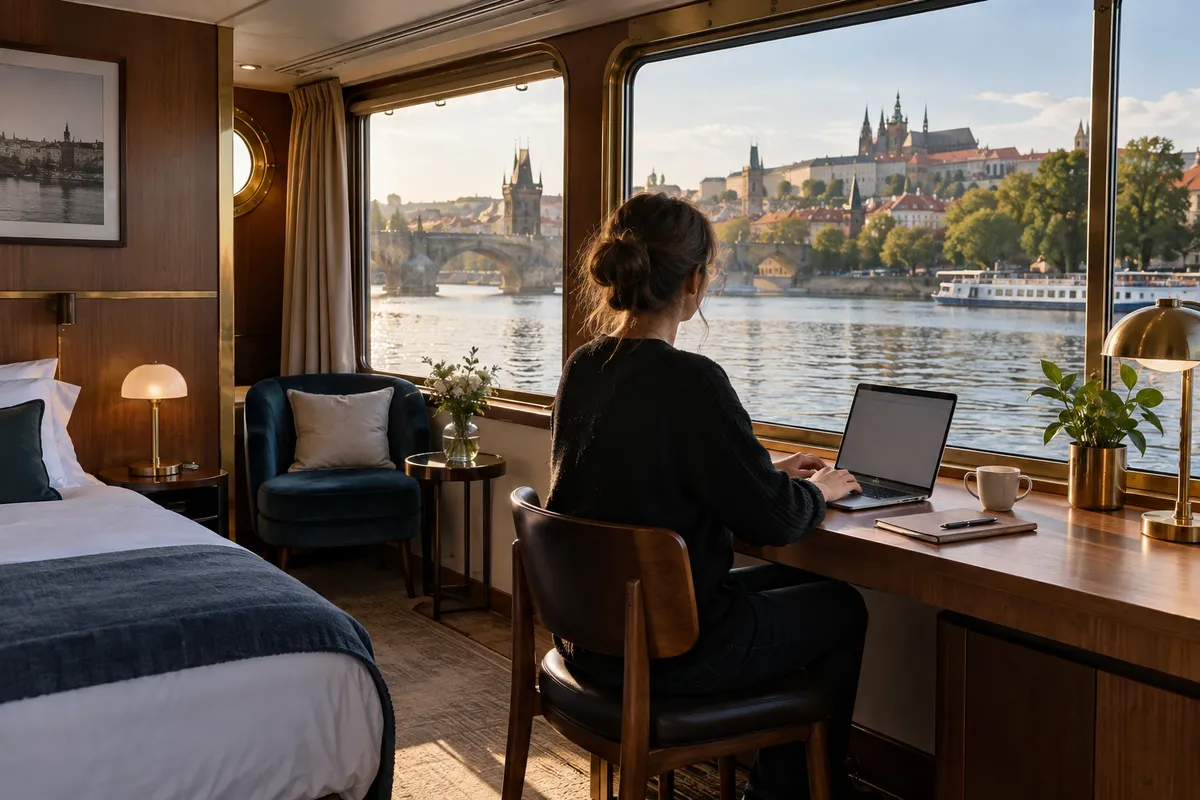 Floating hotel cabin with a work desk overlooking the water in Prague