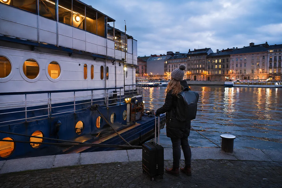 Floating hotel moored along an urban riverfront at dusk