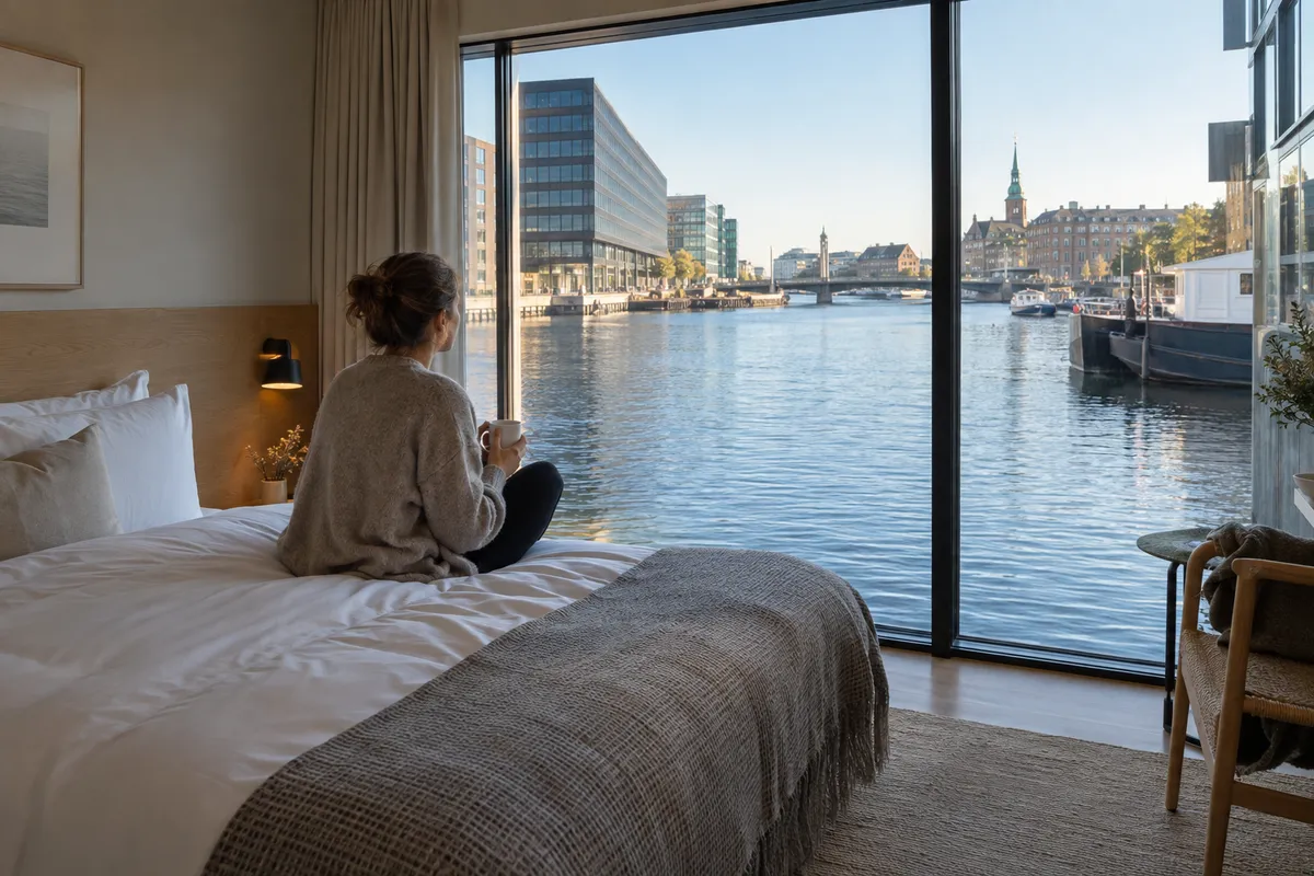 A minimalist hotel room overlooking Copenhagen harbor from a floating barge hotel