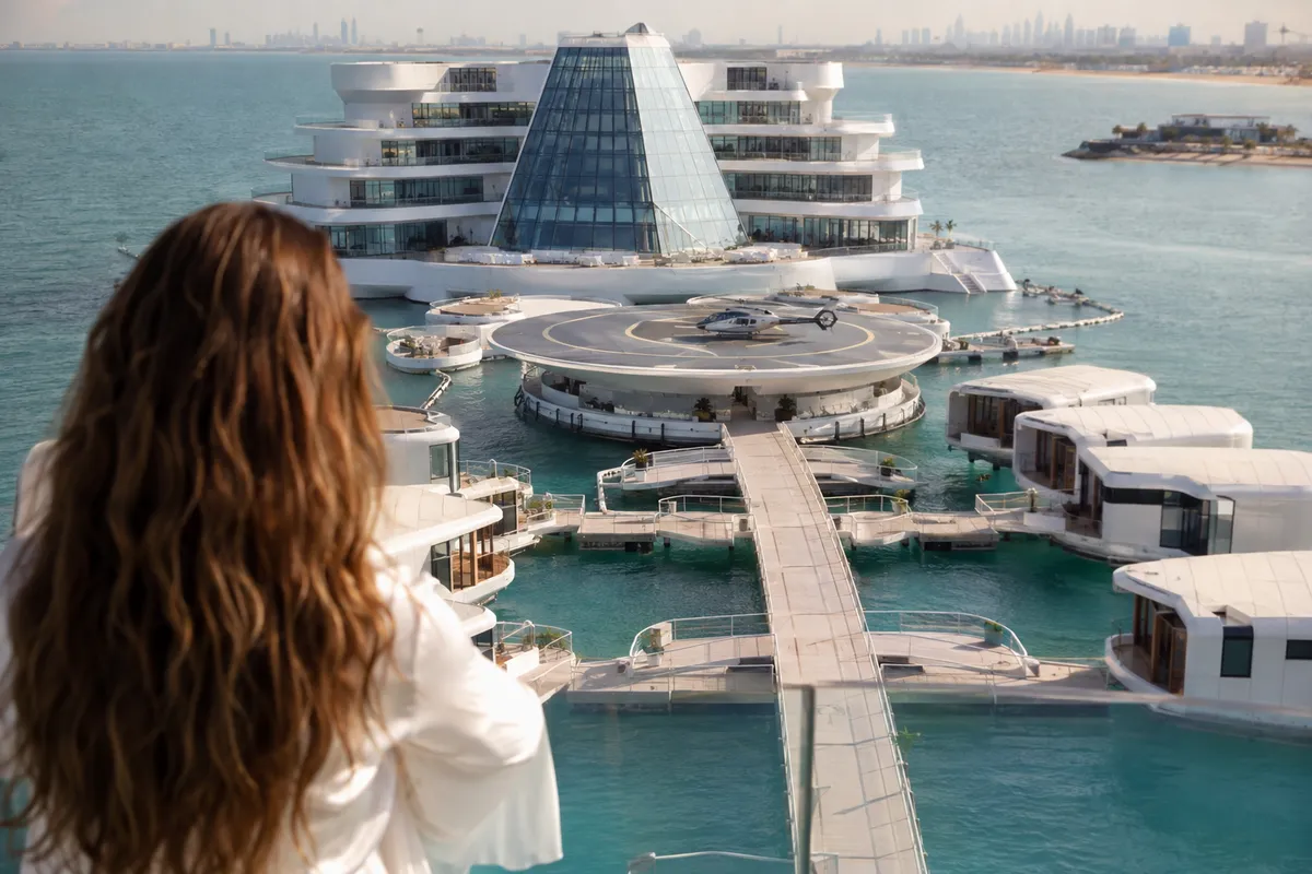 Kempinski Floating Palace Dubai with connected floating villas and a helipad offshore