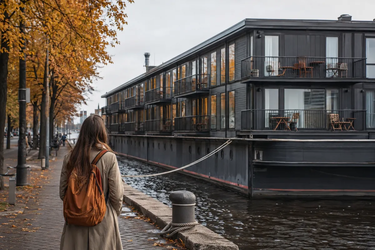A floating hotel moored along an urban canal in autumn