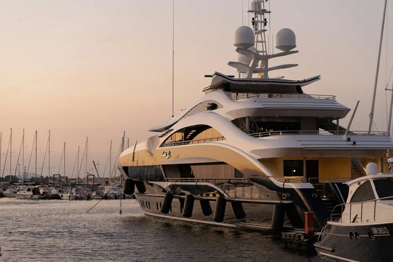 Luxury floating superyacht accommodation moored in a marina