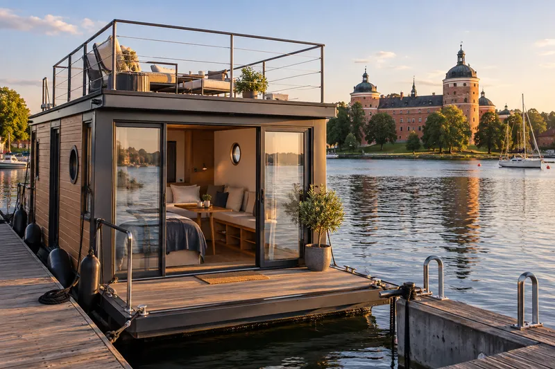 Marina Rummet houseboat suite moored in Mariefred with castle view across water