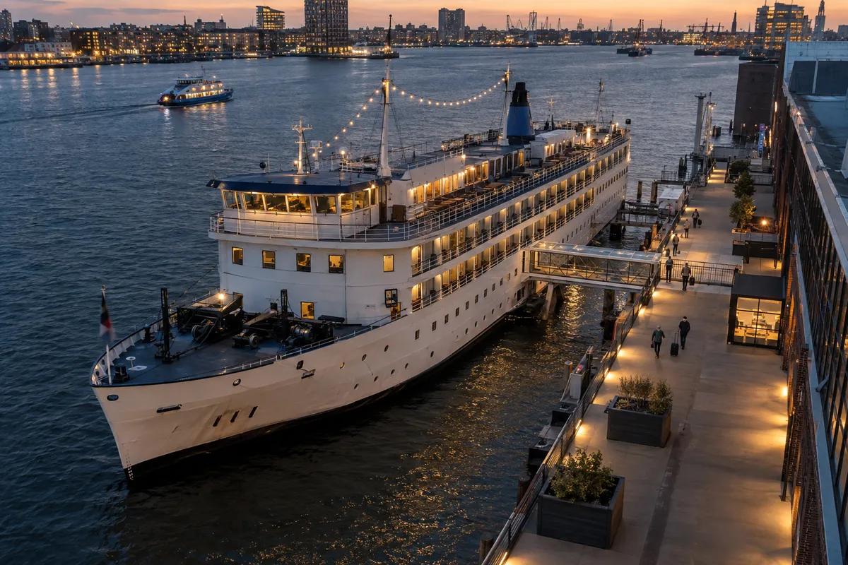 A moored hotel ship docked along a European urban waterfront at dusk