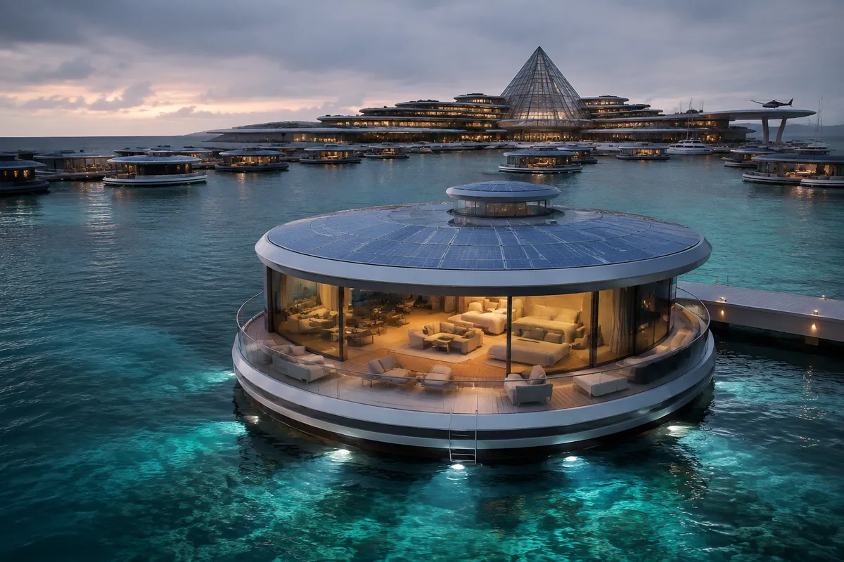 Modern luxury floating hotel villa anchored in coastal waters at dusk