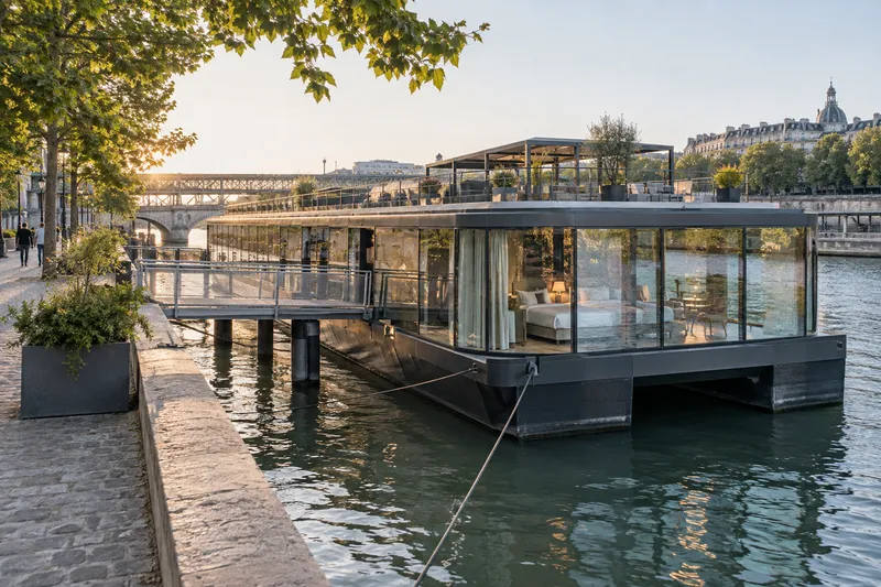 Floating hotel moored on the Seine River in Paris