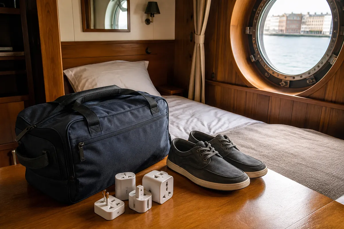 Compact luggage, shoes, and universal travel adapters in a floating hotel cabin