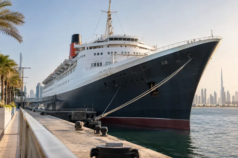 Queen Elizabeth 2 floating hotel moored in Dubai with the skyline behind it