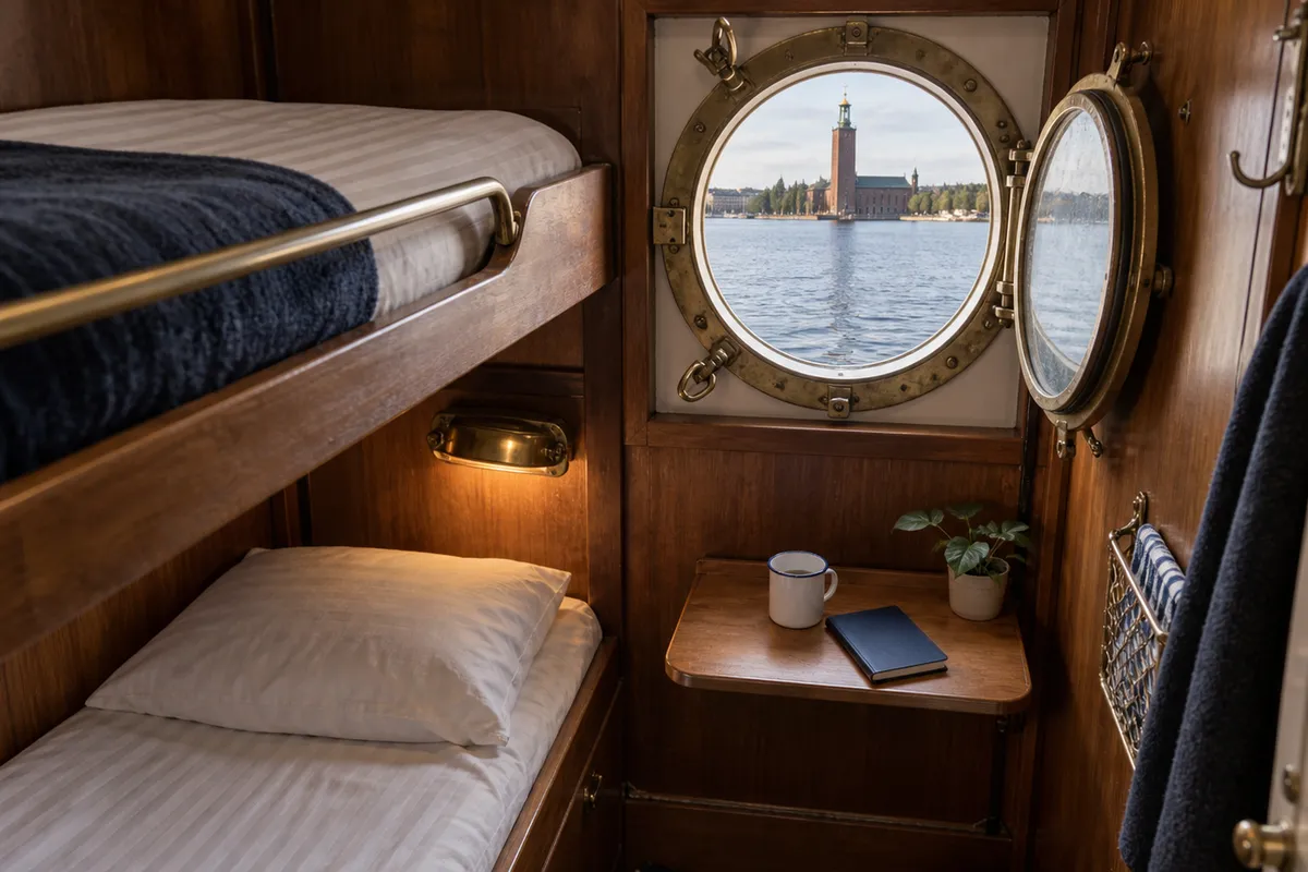 Vintage Rygerfjord Hotel cabin with a porthole view of Stockholm City Hall