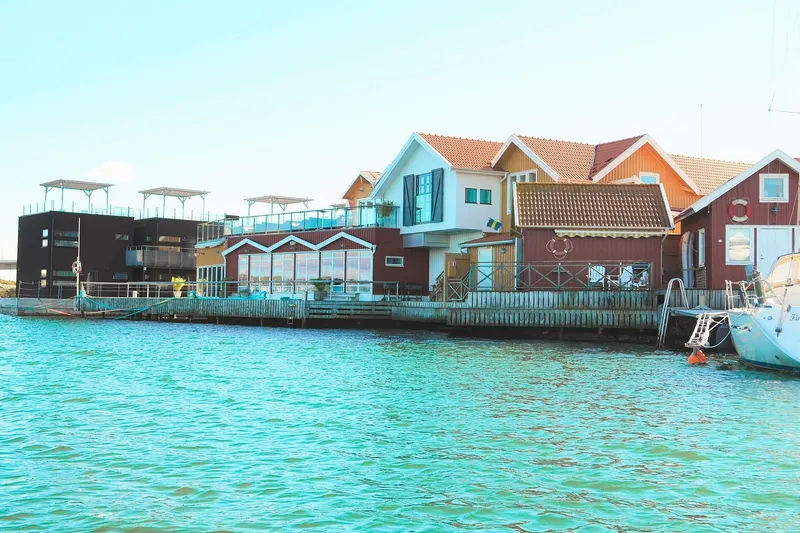 Scandinavian floating hotel buildings on pontoons in a coastal Swedish archipelago