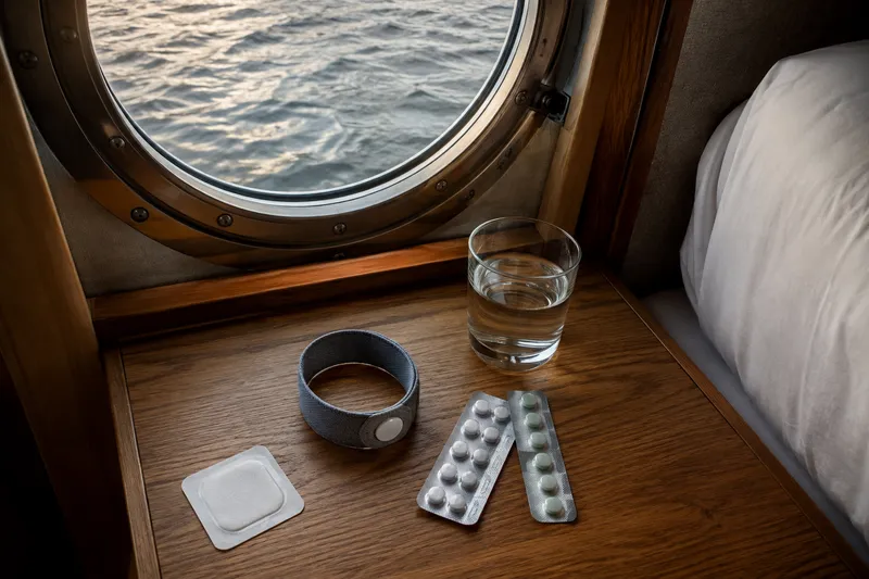 Floating hotel cabin with a round porthole, water view, glass of water and seasickness remedies