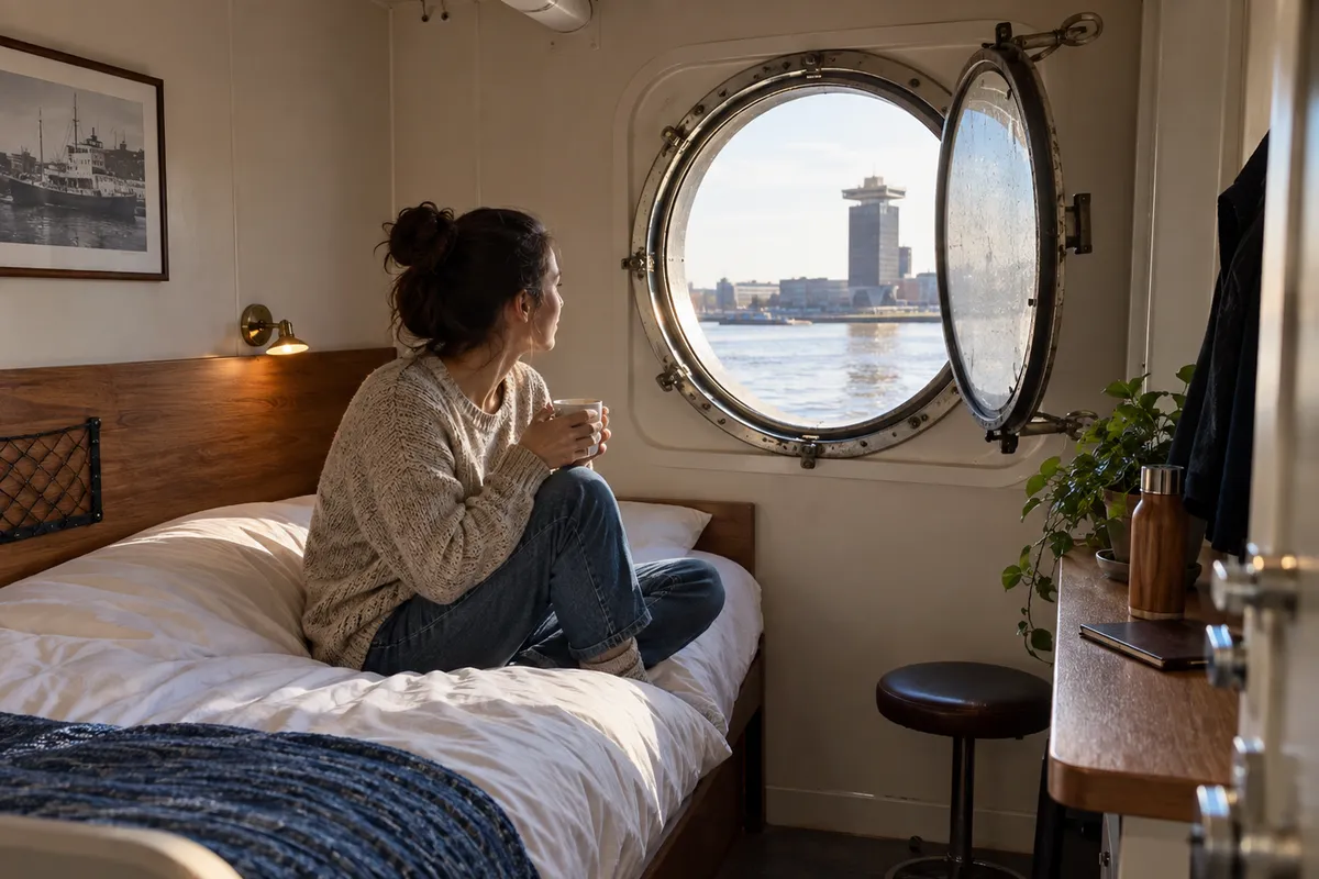 Solo traveler with coffee in a moored floating hotel cabin looking out a porthole at the waterfront