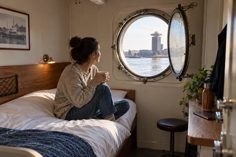 Solo traveler with coffee in a moored floating hotel cabin looking out a porthole at the waterfront