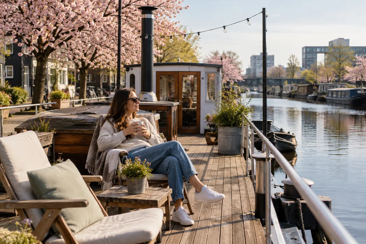 Woman relaxing on open sun deck of floating hotel moored along canal with spring blossoms