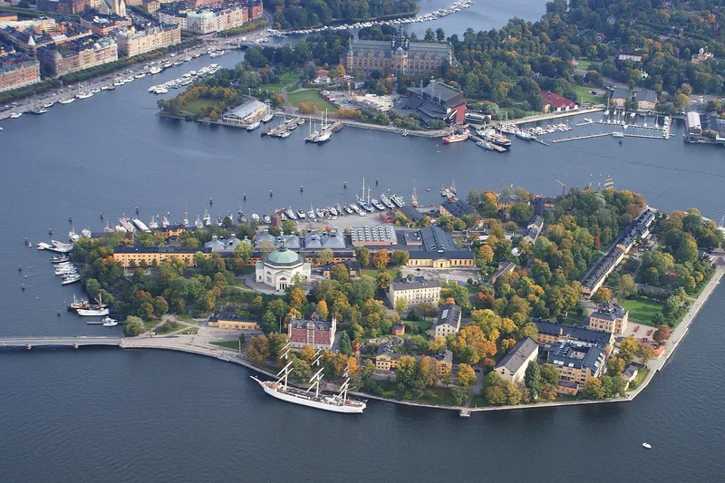 Aerial view of Stockholm waterfront with the historic af Chapman hotel ship moored by Skeppsholmen