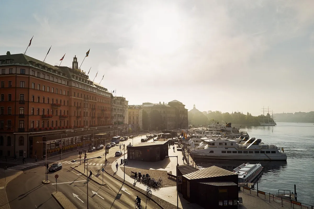 Classic hotel ship moored along Stockholm waterfront