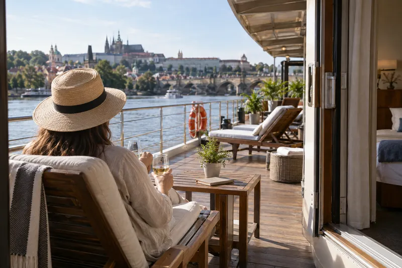 Open sun deck of a floating hotel on the Vltava River in Prague