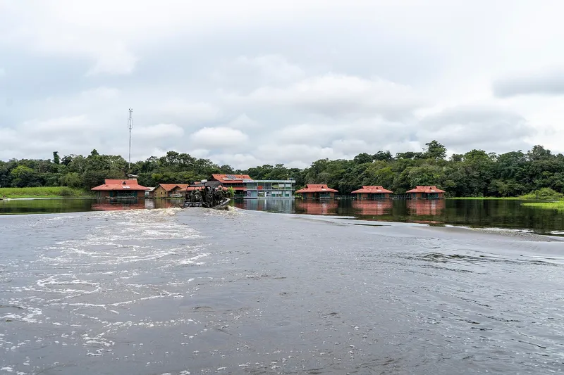 Uakari Floating Lodge on the Amazon River, surrounded by rainforest