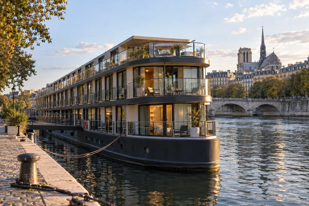 Floating hotel moored on the Seine in central Paris