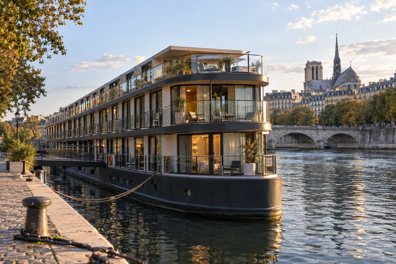 Floating hotel moored on the Seine in central Paris
