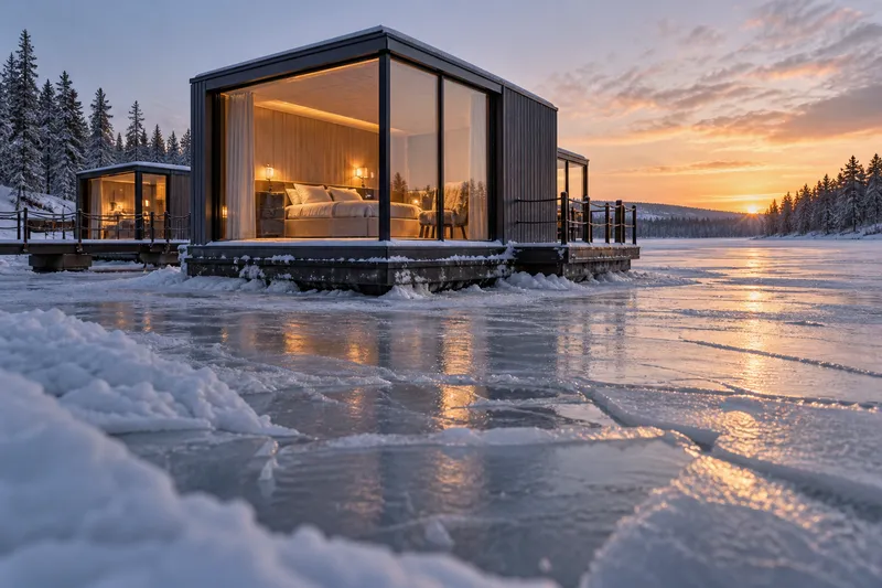 A heated floating hotel cabin on a frozen river at sunset