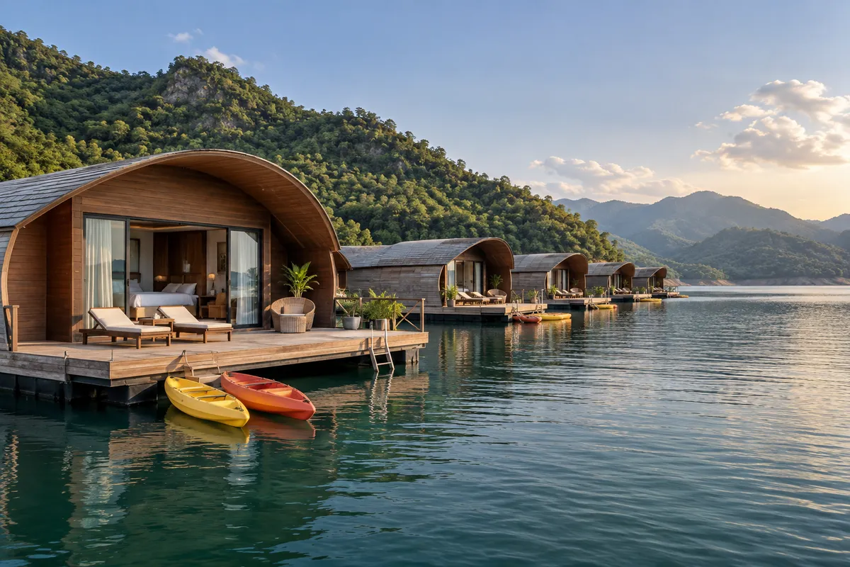 Floating villas of Z9 Resort with kayaks on Srinagarind Reservoir